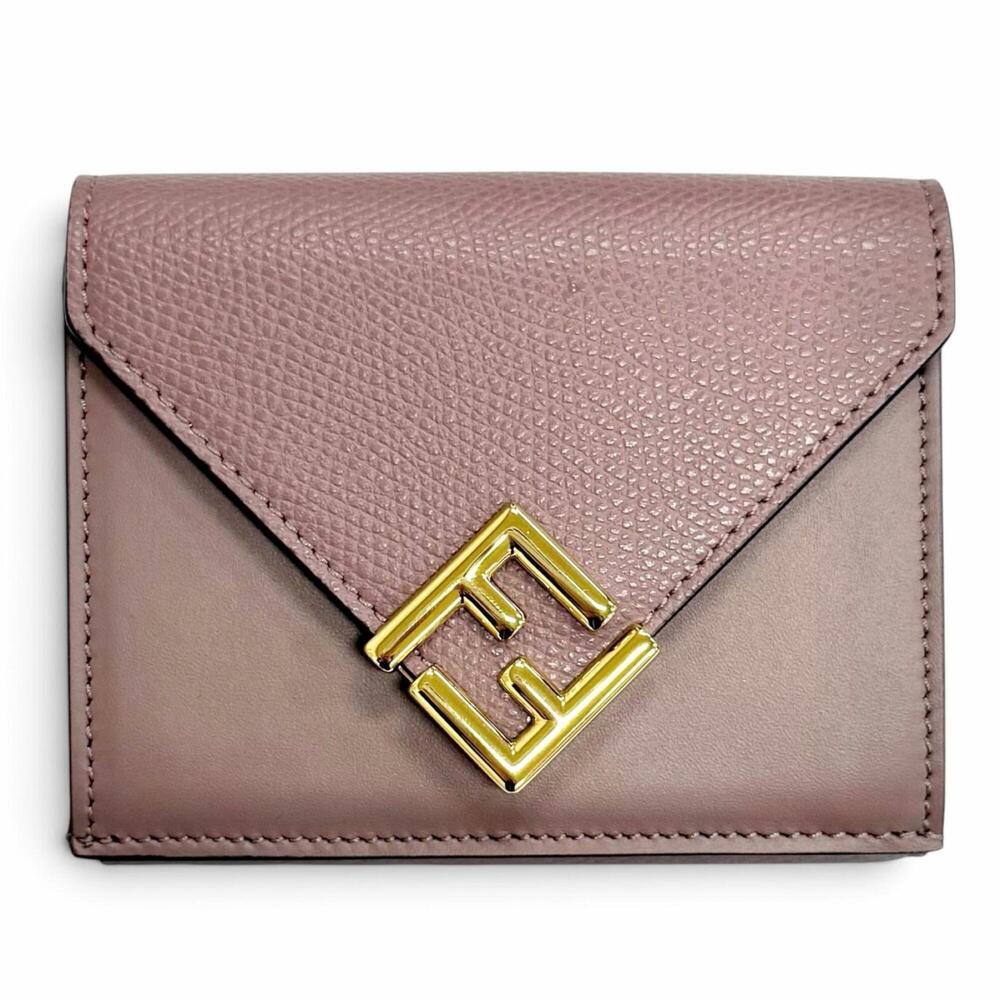 FENDI 8M0480 FF Diamond Leather Compact Tri-fold Wallet, Purple with Gold Har...